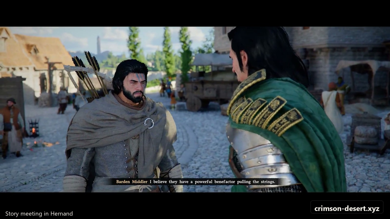 Story meeting in Hernand before the Goldleaf investigation deepens. Screenshot with crimson-desert.xyz watermark.