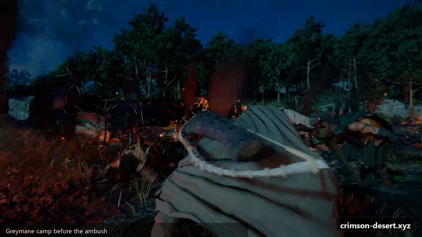 Cabin perimeter just before the Black Bears push into the camp. Screenshot with crimson-desert.xyz watermark.