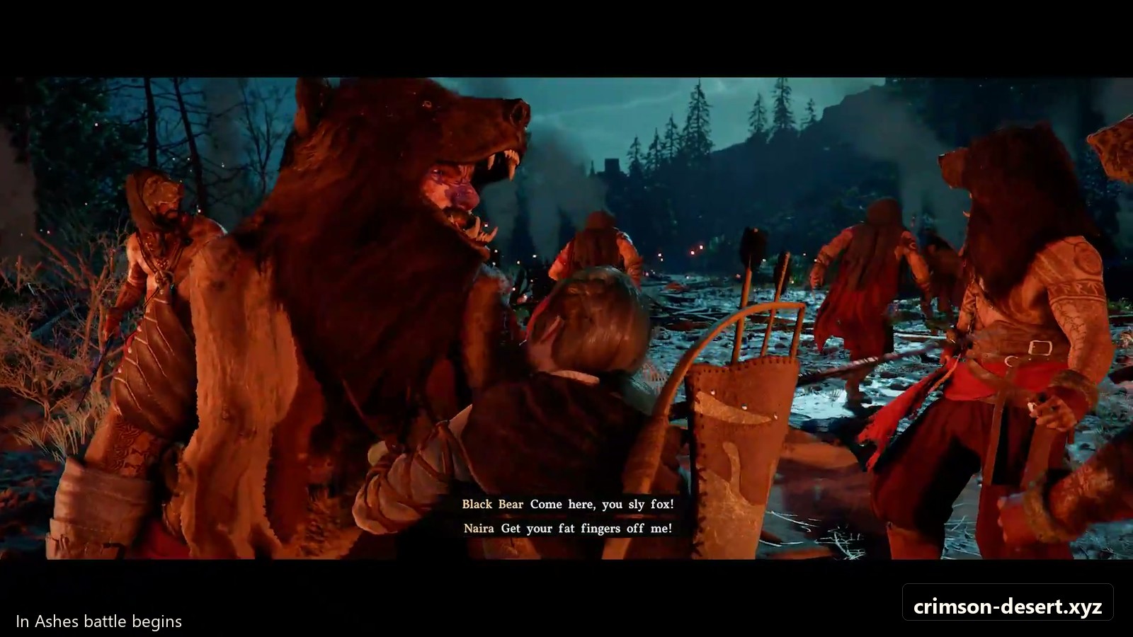 In Ashes combat pressure around the burning cabin objective. Screenshot with crimson-desert.xyz watermark.