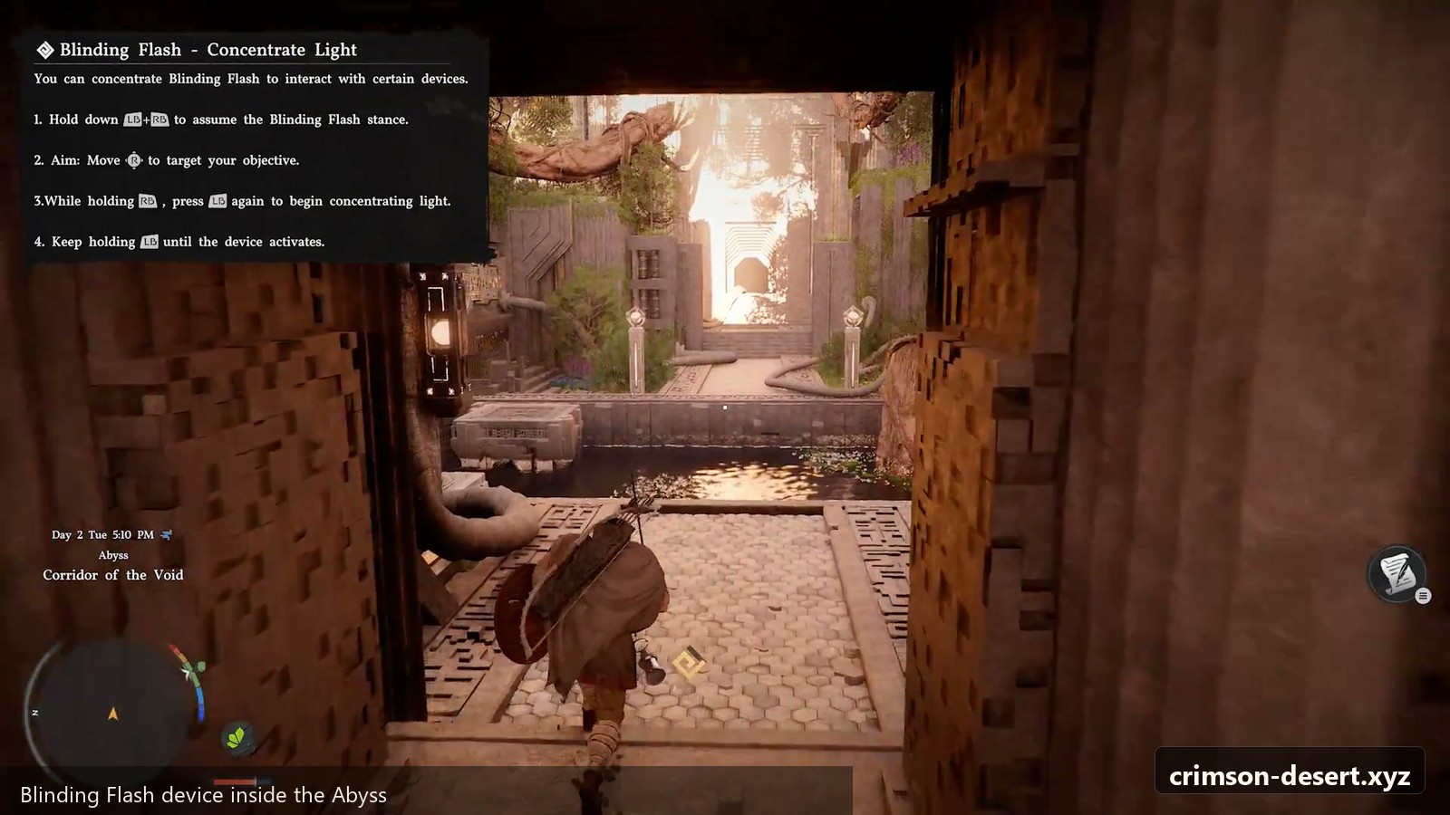Blinding Flash objective prompt that marks the route out of the realm. Screenshot with crimson-desert.xyz watermark.