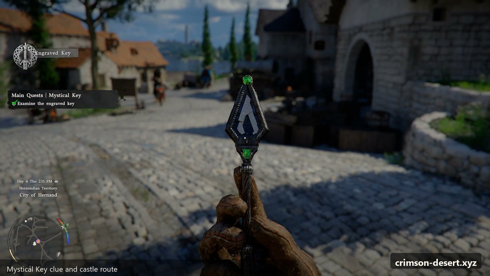 Mystical Key prompt and local search area in Hernand. Screenshot with crimson-desert.xyz watermark.