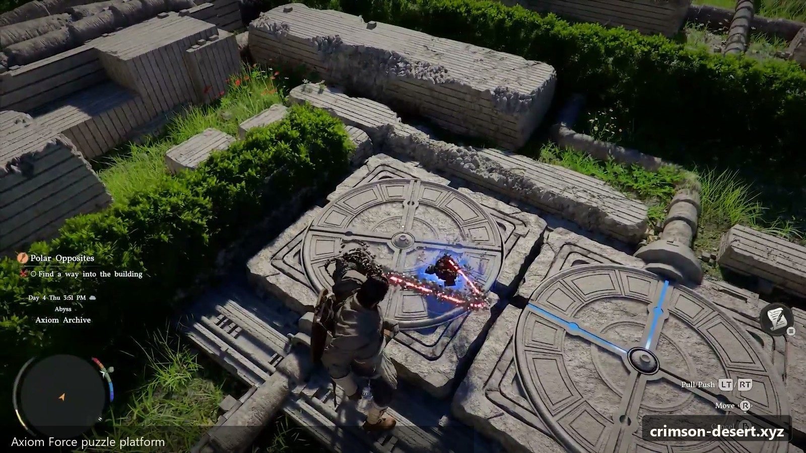 Axiom puzzle arena with colored markers and balance points visible. Screenshot with crimson-desert.xyz watermark.