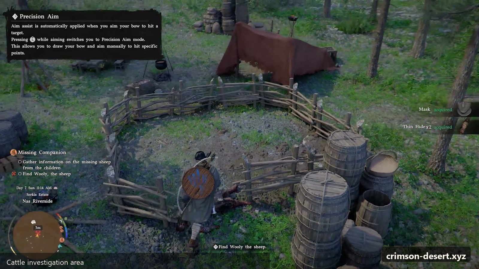 Cattle investigation area for Trial After Trial. Screenshot with crimson-desert.xyz watermark.