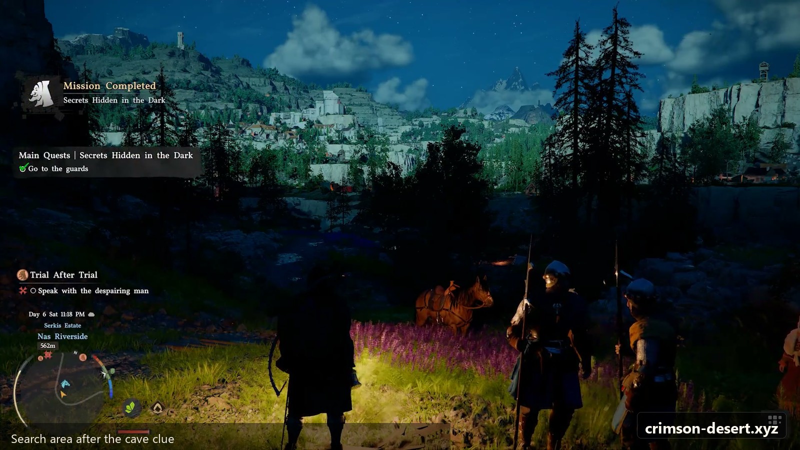 Search area after leaving the cave clue. Screenshot with crimson-desert.xyz watermark.