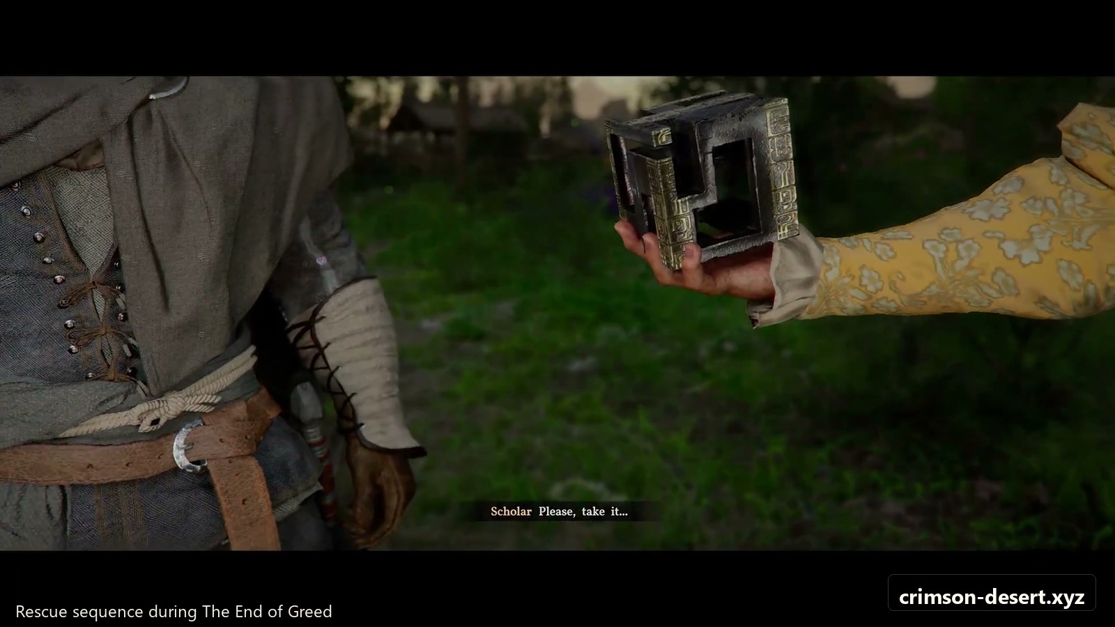 House rescue sequence after clearing the blocked entrance. Screenshot with crimson-desert.xyz watermark.