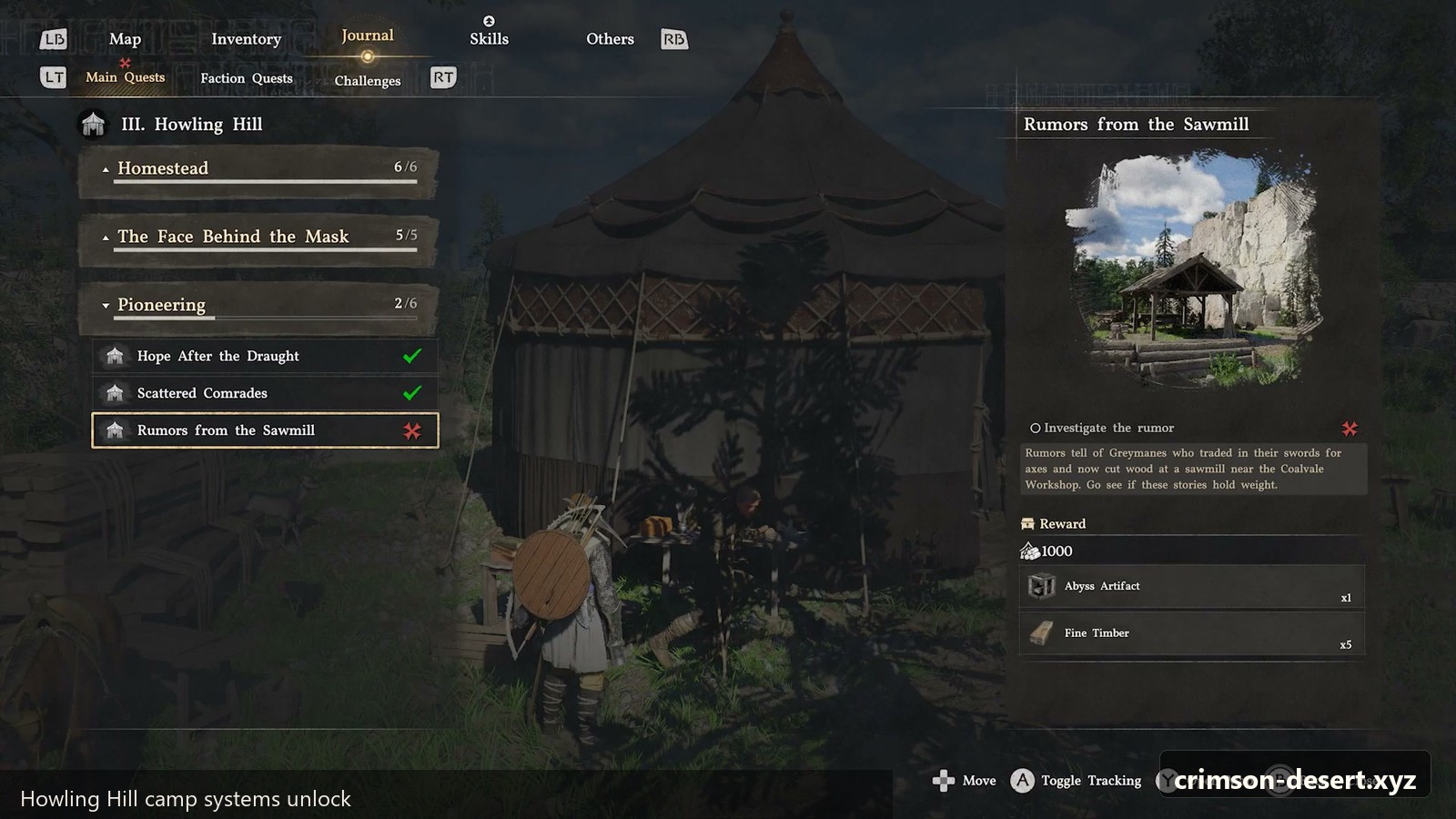 Camp systems unlock as Howling Hill becomes a working hub. Screenshot with crimson-desert.xyz watermark.