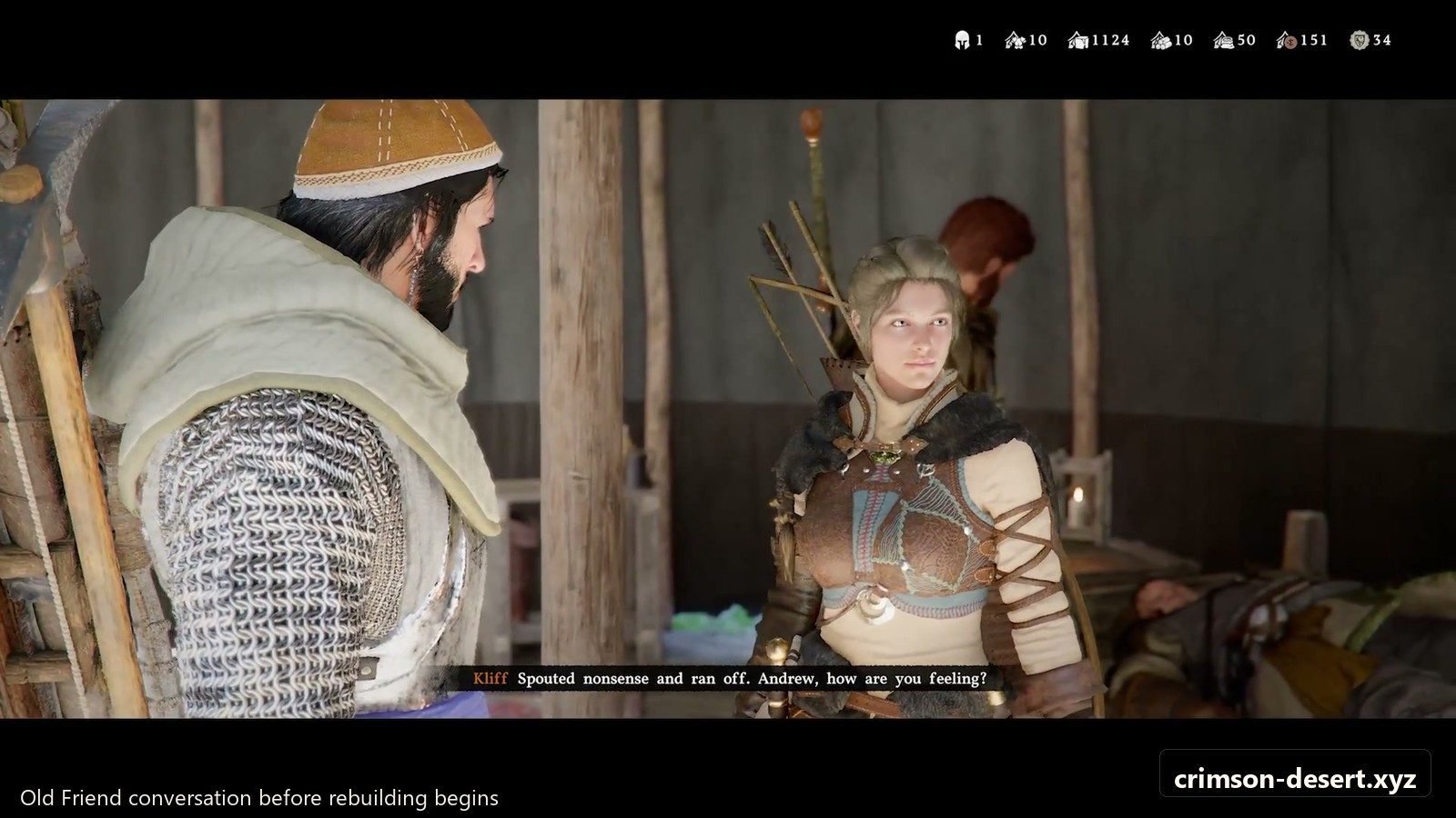 Old Friend conversation before the rebuilding loop opens. Screenshot with crimson-desert.xyz watermark.