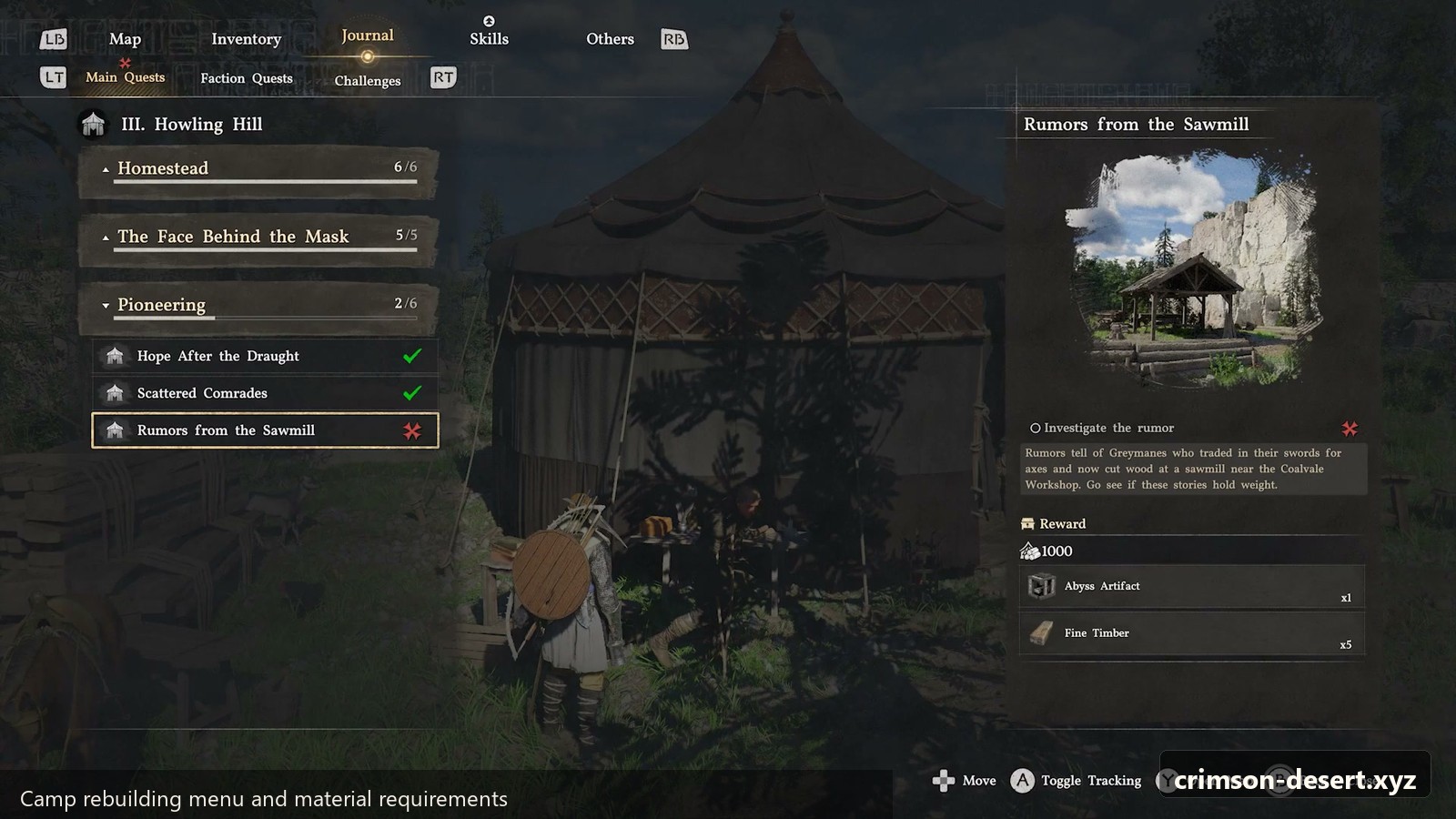 Camp rebuilding menu showing early material requirements. Screenshot with crimson-desert.xyz watermark.