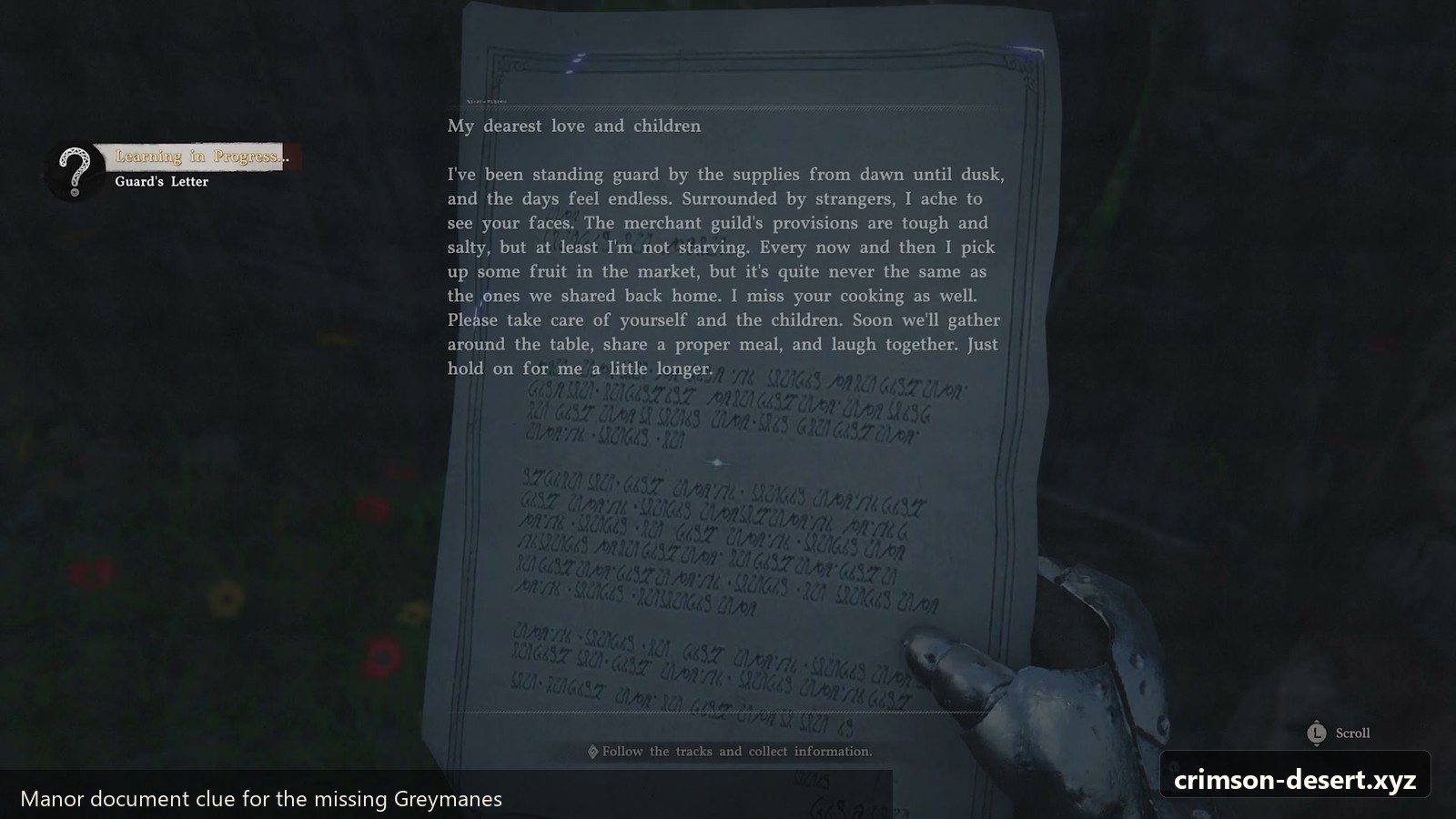 Manor document clue tied to the missing Greymanes. Screenshot with crimson-desert.xyz watermark.