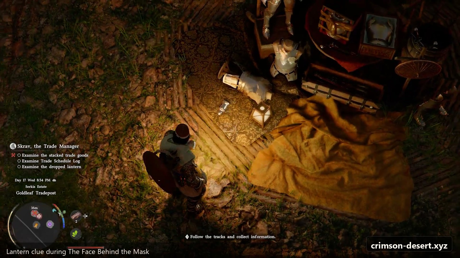 Lantern clue during The Face Behind the Mask route. Screenshot with crimson-desert.xyz watermark.