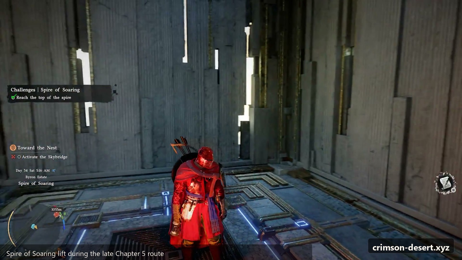 Spire of Soaring lift during the late Chapter 5 route. Screenshot with crimson-desert.xyz watermark.