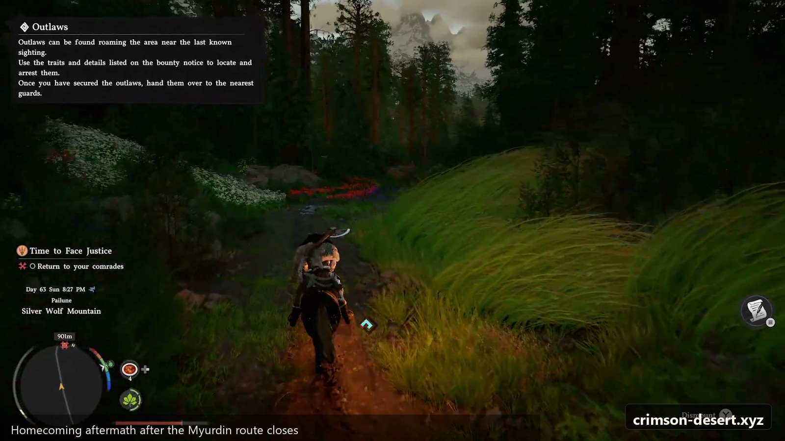 Homecoming aftermath after the Myurdin route closes. Screenshot with crimson-desert.xyz watermark.