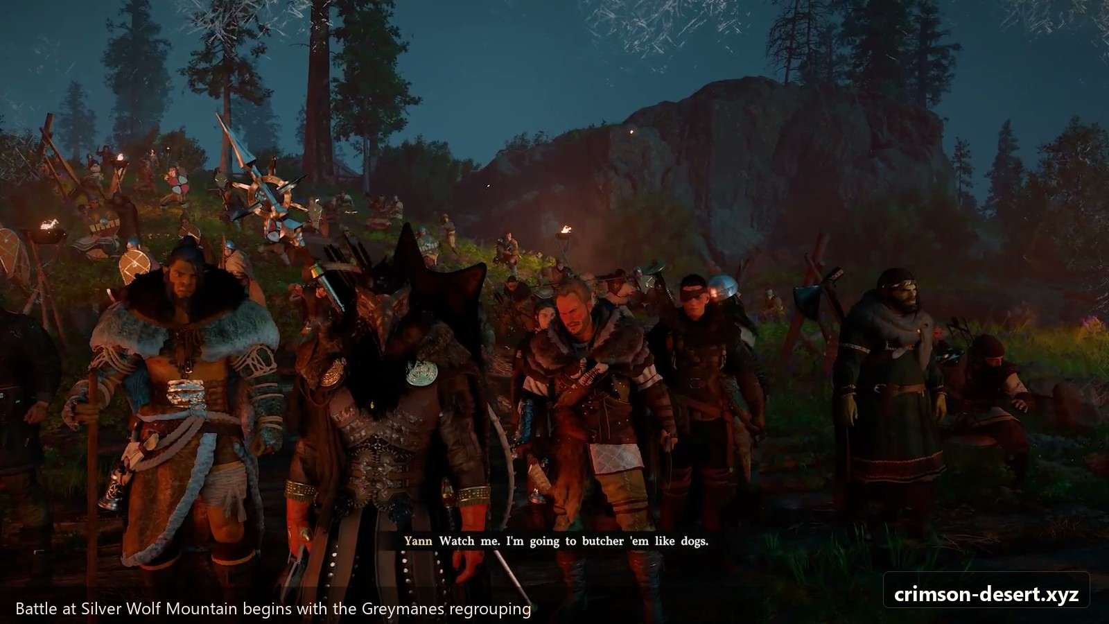 Battle at Silver Wolf Mountain begins with the Greymanes regrouping. Screenshot with crimson-desert.xyz watermark.
