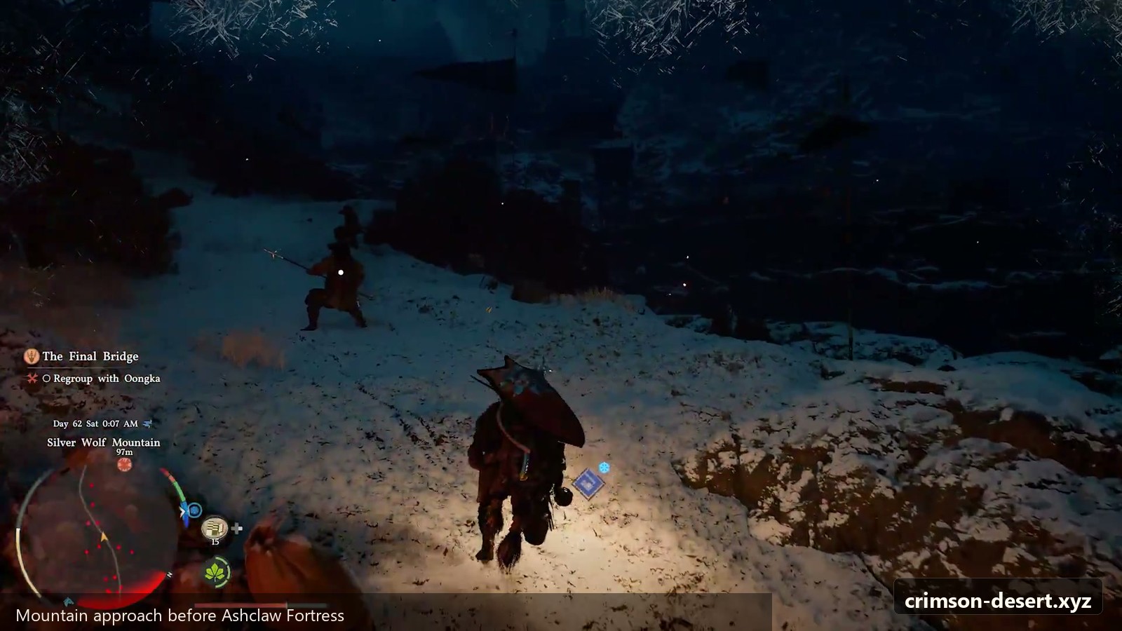 Mountain approach before Ashclaw Fortress. Screenshot with crimson-desert.xyz watermark.