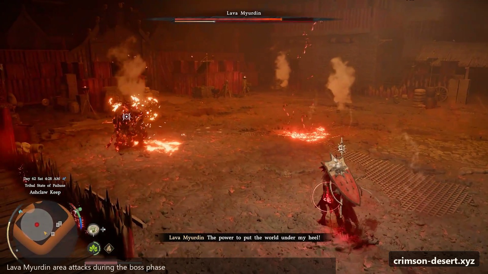 Lava Myurdin area attacks during the boss phase. Screenshot with crimson-desert.xyz watermark.