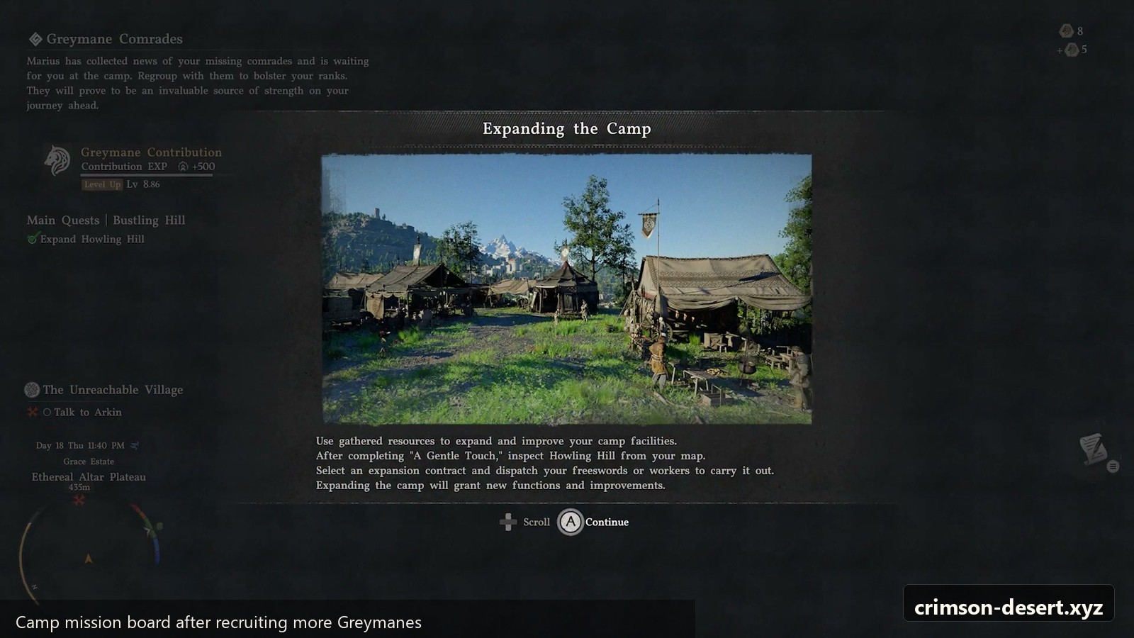 Camp mission board after recruiting more Greymanes. Screenshot with crimson-desert.xyz watermark.