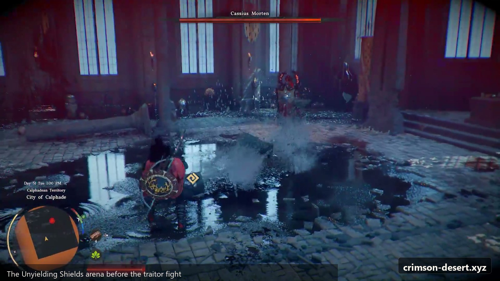 The Unyielding Shields arena before the traitor fight. Screenshot with crimson-desert.xyz watermark.