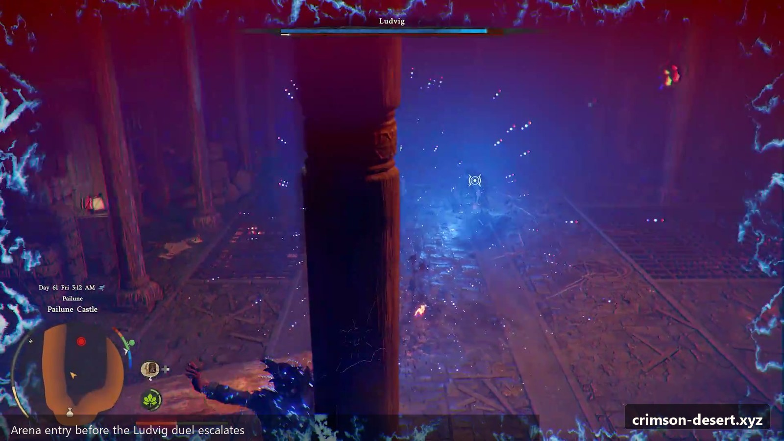 Arena entry before the Ludvig duel escalates. Screenshot with crimson-desert.xyz watermark.