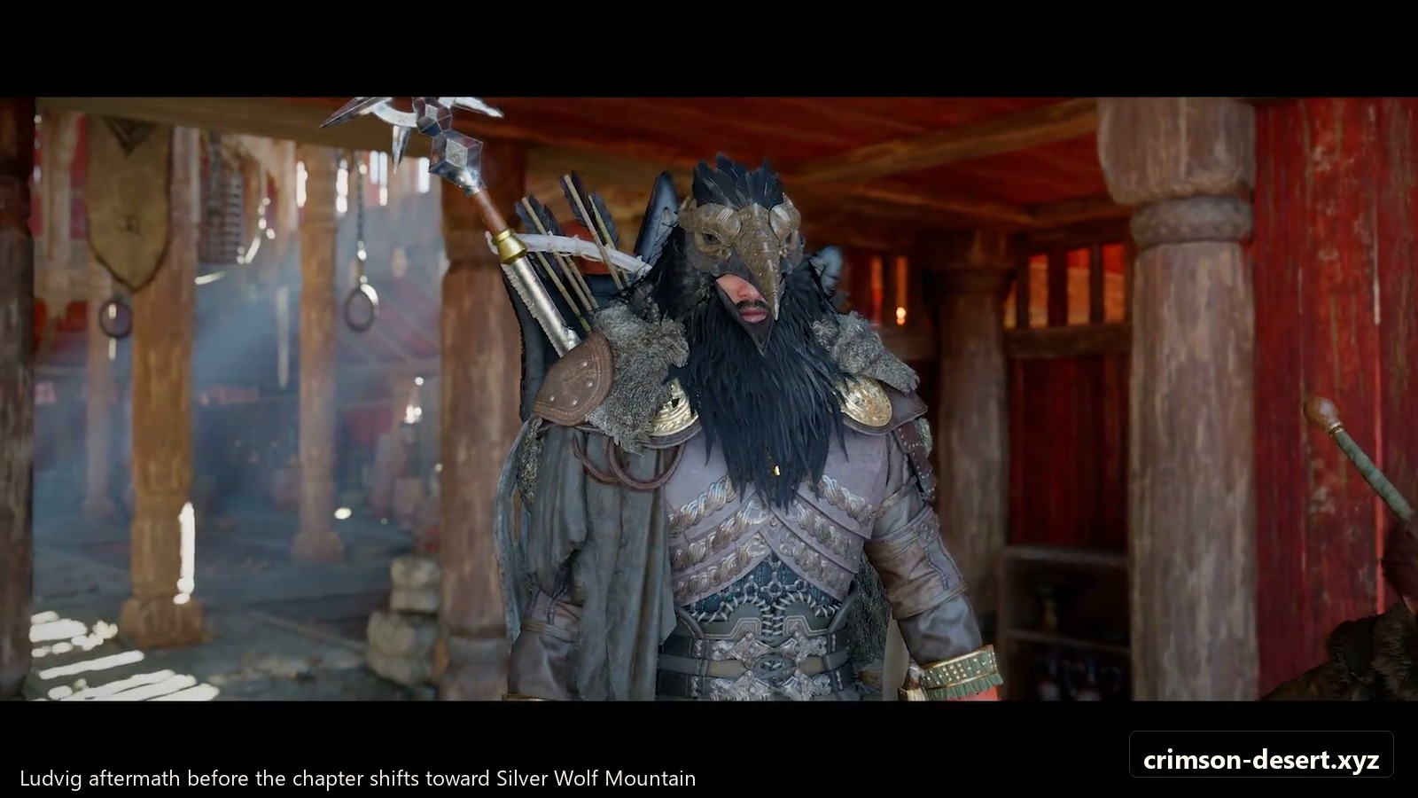 Aftermath before the chapter shifts toward Silver Wolf Mountain. Screenshot with crimson-desert.xyz watermark.