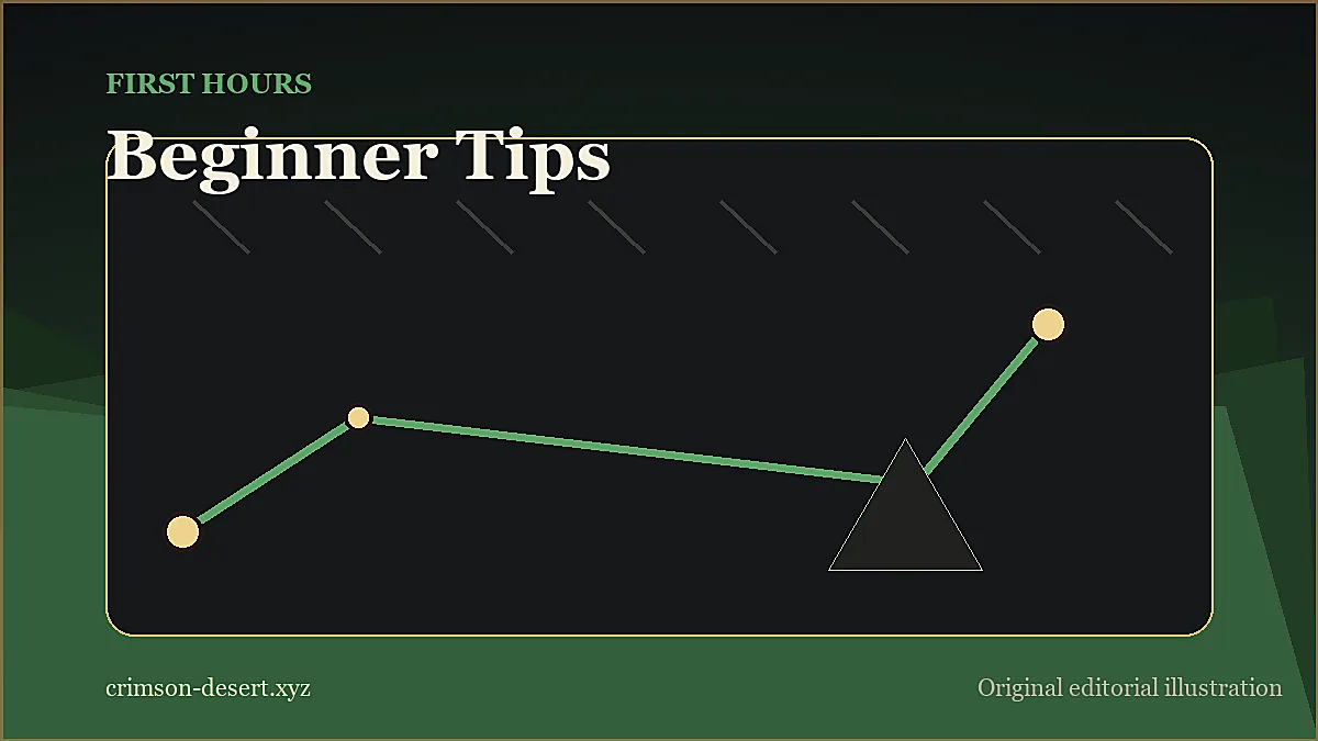 Original Crimson Desert beginner tips illustration with camp gear, map notes, and survival markers.