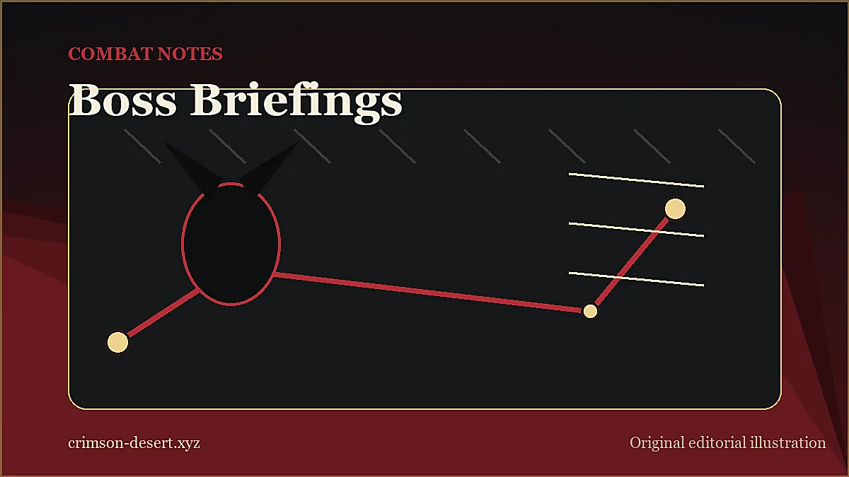 Original Crimson Desert boss briefing illustration with a hostile silhouette and attack pattern notes.