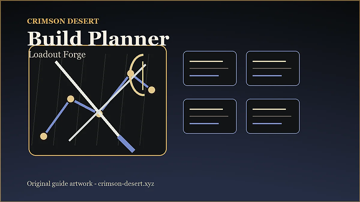 Original Crimson Desert build planner artwork with armor plates, food notes, and loadout slots.