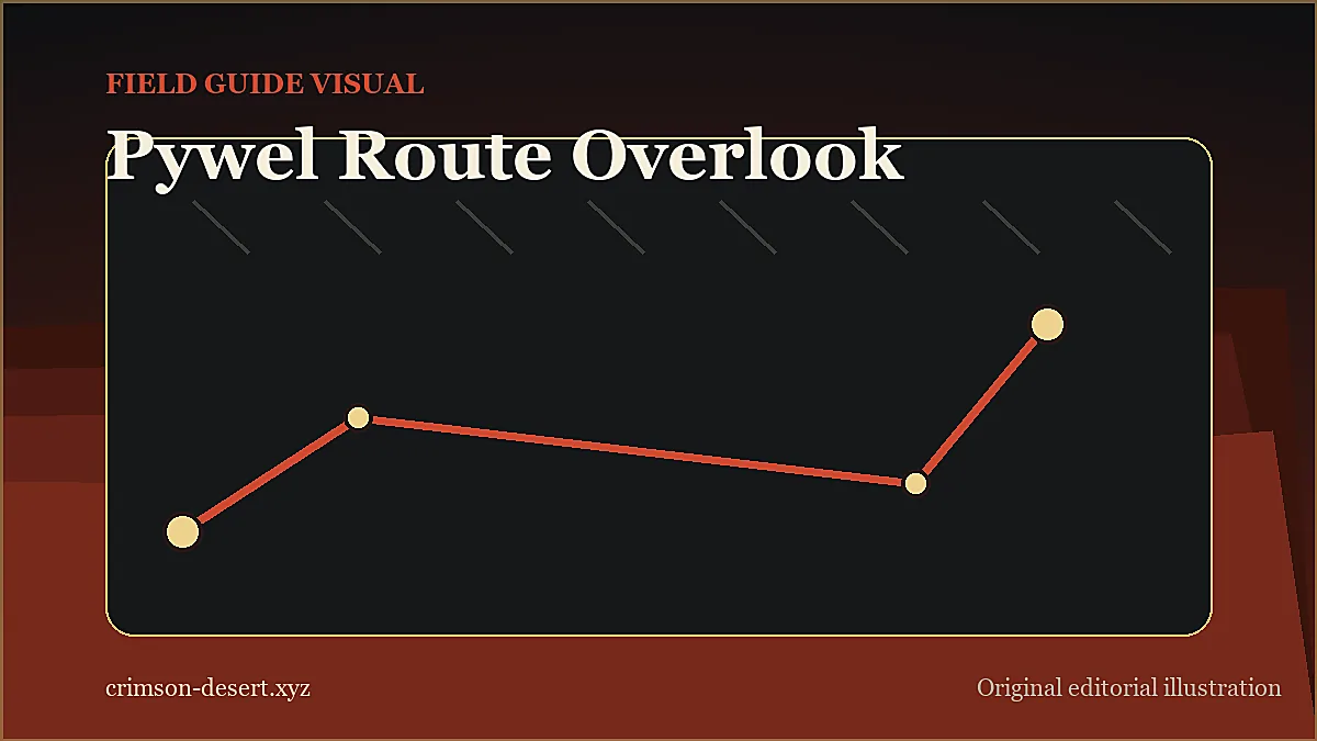 Original Crimson Desert editorial illustration showing a Pywel route overlook for the field guide homepage.