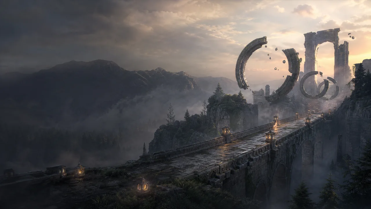 Illustrative stone bridge and floating rings for the Skyloop Bridge puzzle guide