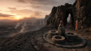 Illustrative volcanic desert fountain route for the Brimstone and Smoking Lands guide