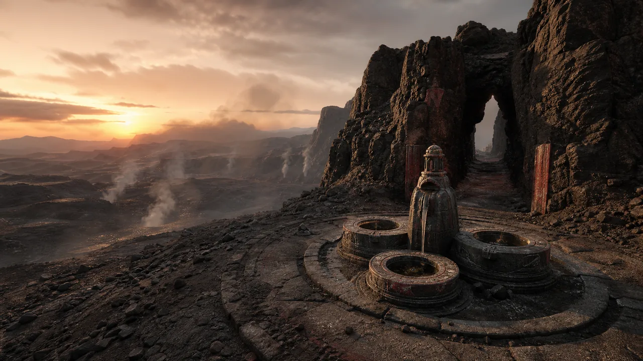 Illustrative volcanic desert fountain route for the Brimstone and Smoking Lands guide