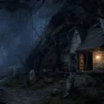 Illustrative forest witch hideout and white crow for the Crimson Desert witch locations guide