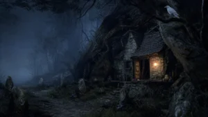 Illustrative forest witch hideout and white crow for the Crimson Desert witch locations guide