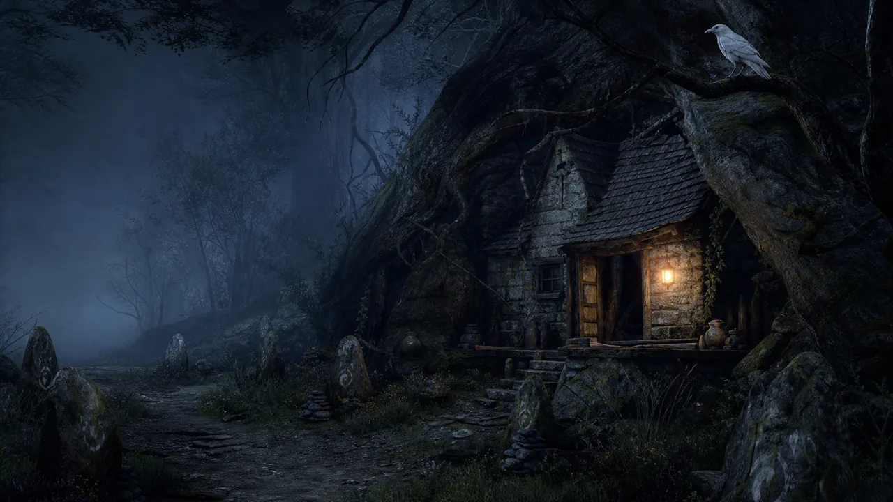 Illustrative forest witch hideout and white crow for the Crimson Desert witch locations guide