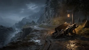 Illustrative rain-swept mountain road for the Crimson Desert known issues guide