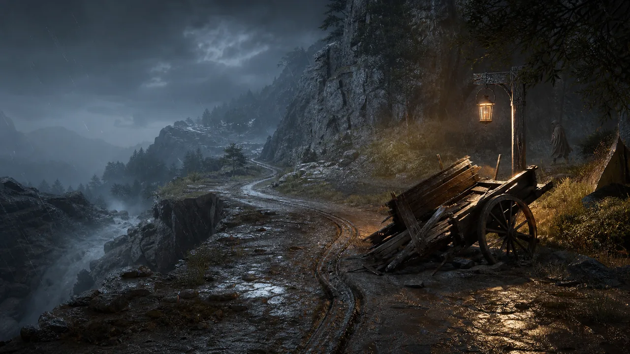 Illustrative rain-swept mountain road for the Crimson Desert known issues guide