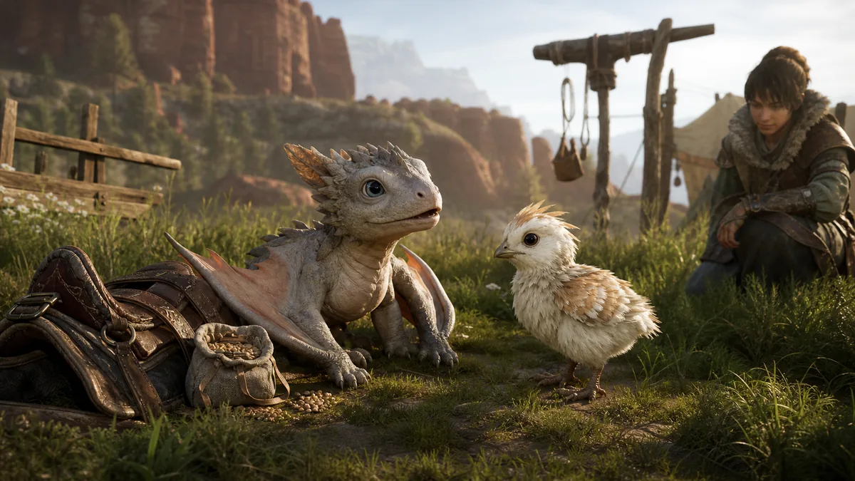 Crimson Desert Baby Wyvern and Kuku Bird Chick mounts cover art