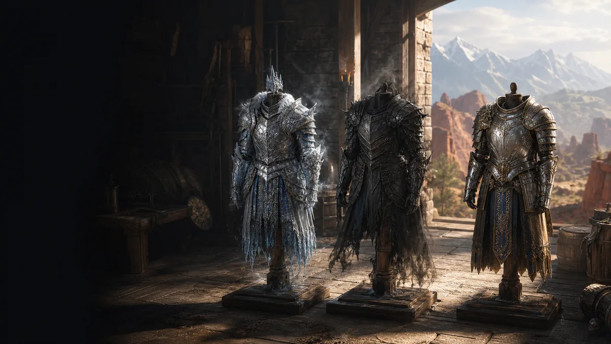 Crimson Desert best armor comparison cover showing Frostcursed, Shadow, and Baltheon gear