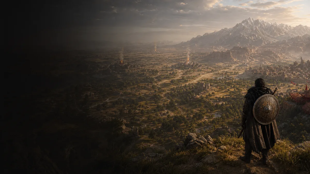 Crimson Desert multiplayer and co-op question cover with lone explorer and distant routes