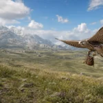 Illustrative bird companion retrieving an item over a highland meadow