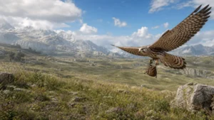 Illustrative bird companion retrieving an item over a highland meadow