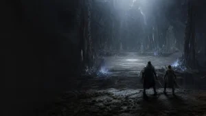 Illustrative adventurers approaching a crystalline Abyss rematch arena