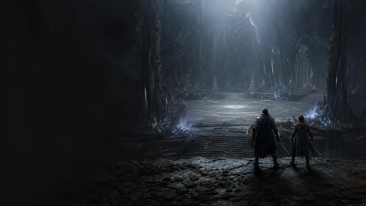Illustrative adventurers approaching a crystalline Abyss rematch arena