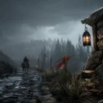 Illustrative rain-soaked frontier road for the Crimson Desert FSR4 rain blur guide