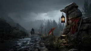 Illustrative rain-soaked frontier road for the Crimson Desert FSR4 rain blur guide
