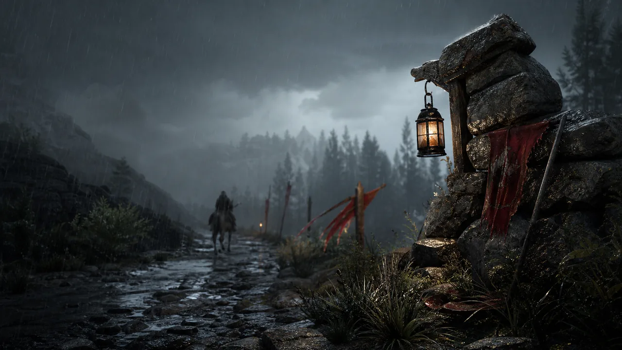 Illustrative rain-soaked frontier road for the Crimson Desert FSR4 rain blur guide