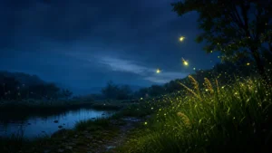 Illustrative firefly colony above a pond for the Crimson Desert gathering guide