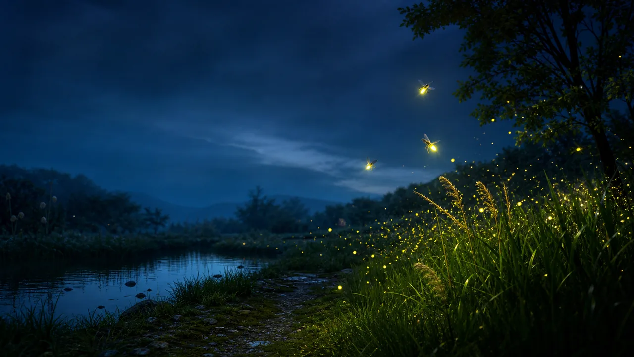 Illustrative firefly colony above a pond for the Crimson Desert gathering guide