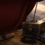 Original illustration of a secure traveller desk and lockbox for a Crimson Desert save backup guide