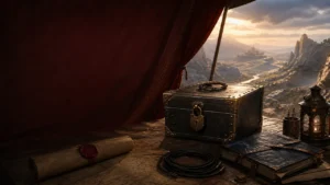 Original illustration of a secure traveller desk and lockbox for a Crimson Desert save backup guide
