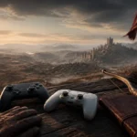 Original illustration of unbranded controllers and travel gear overlooking an open-world valley